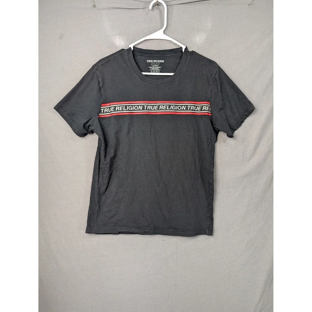 True Religion Mens Logo Tape T-Shirt Black Red White 700316 Small
